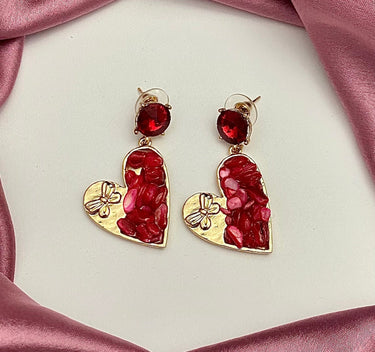 Red Uncut Stone Heart Shape Korean Earrings